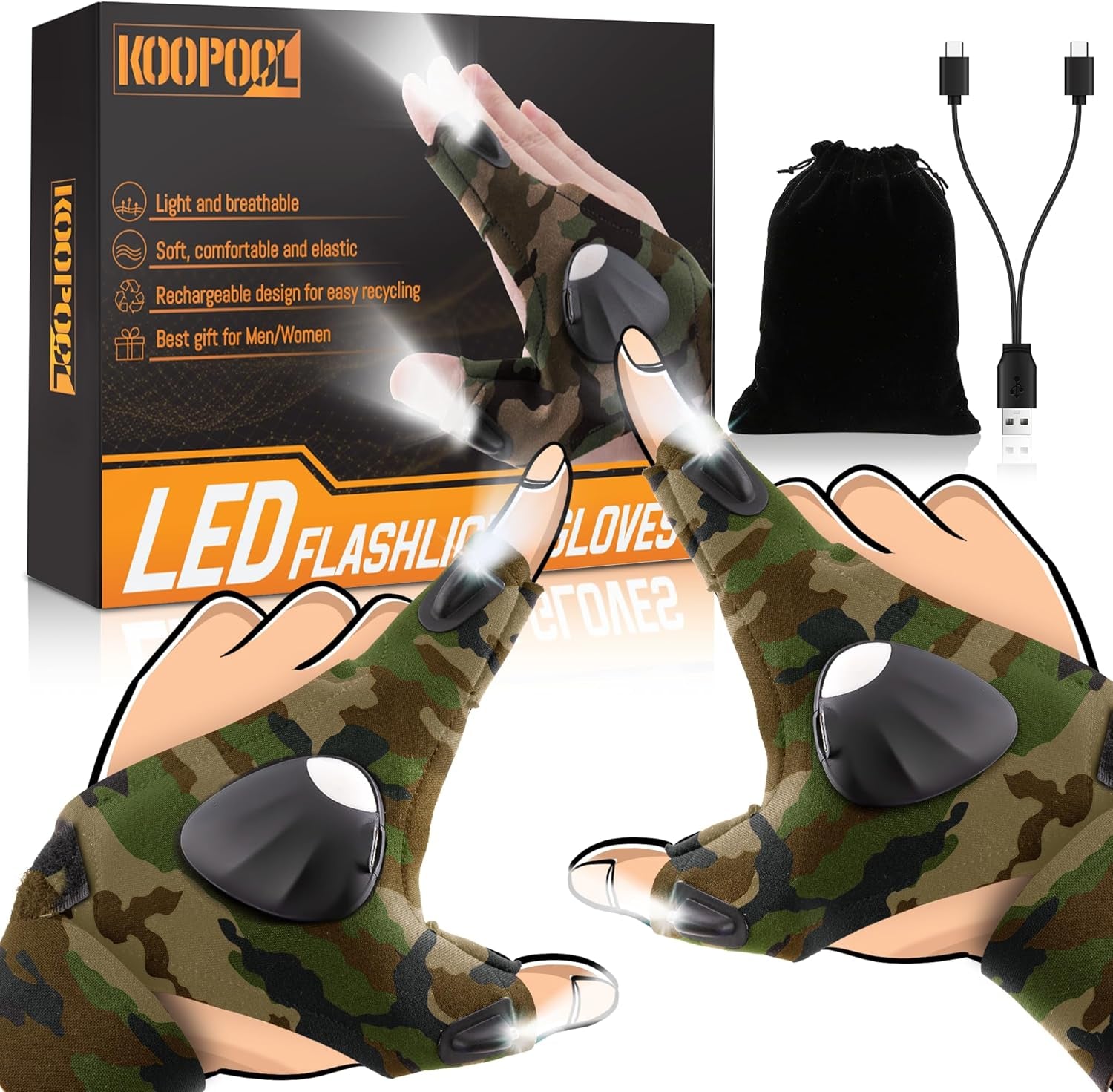 LED Gloves, Flashlight Gloves Christmas Gifts for Men Who Have Everything, Cool Gadgets for Fishing, Hunting, Camping, Techies