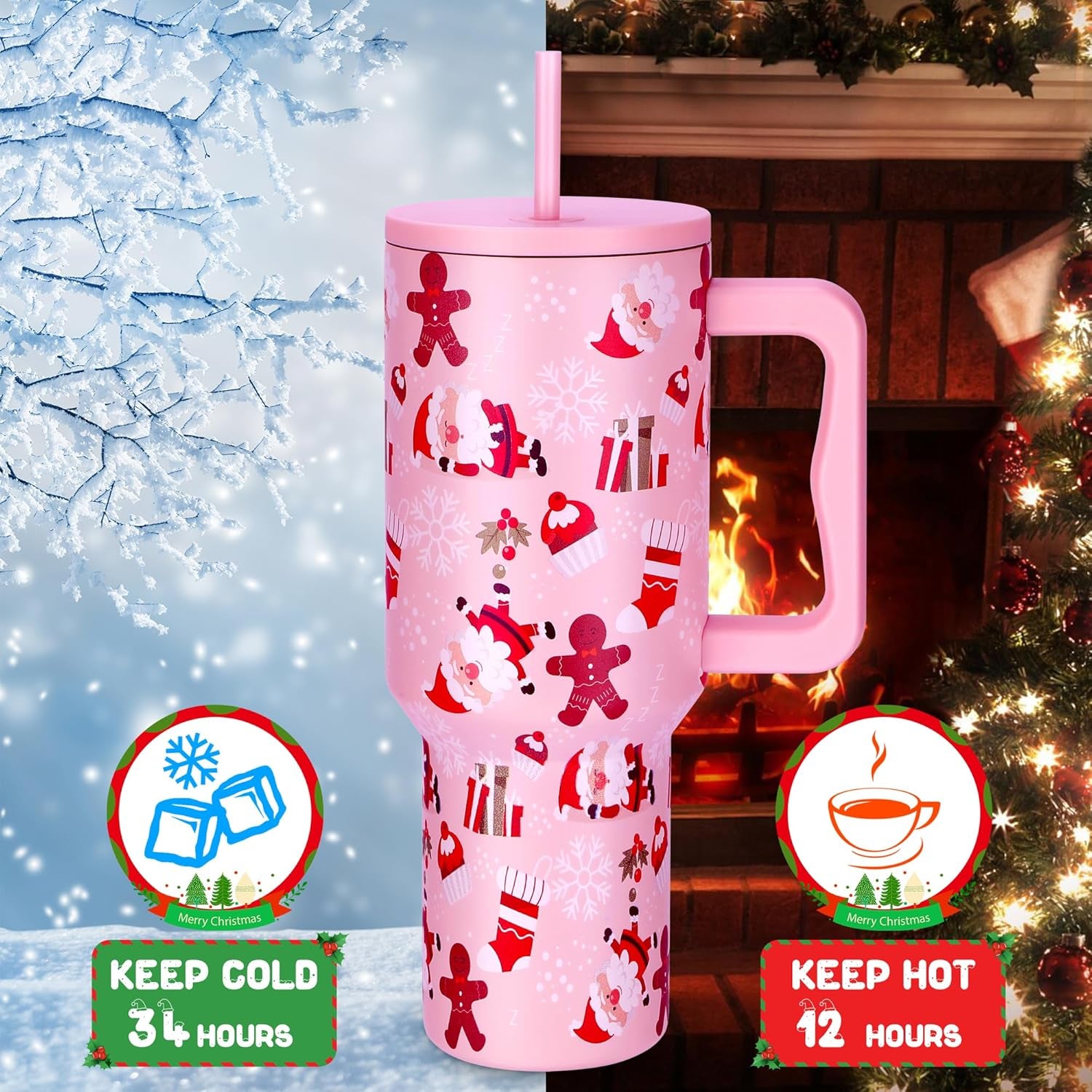 40 Oz Christmas Tumbler with Handle and Straw, Xmas Stainless Steel Insulated Travel Mug, Cup Holder Friendly, Christmas Holiday Gifts for Women Men Her Him, Pink Cute Sleepy Santa