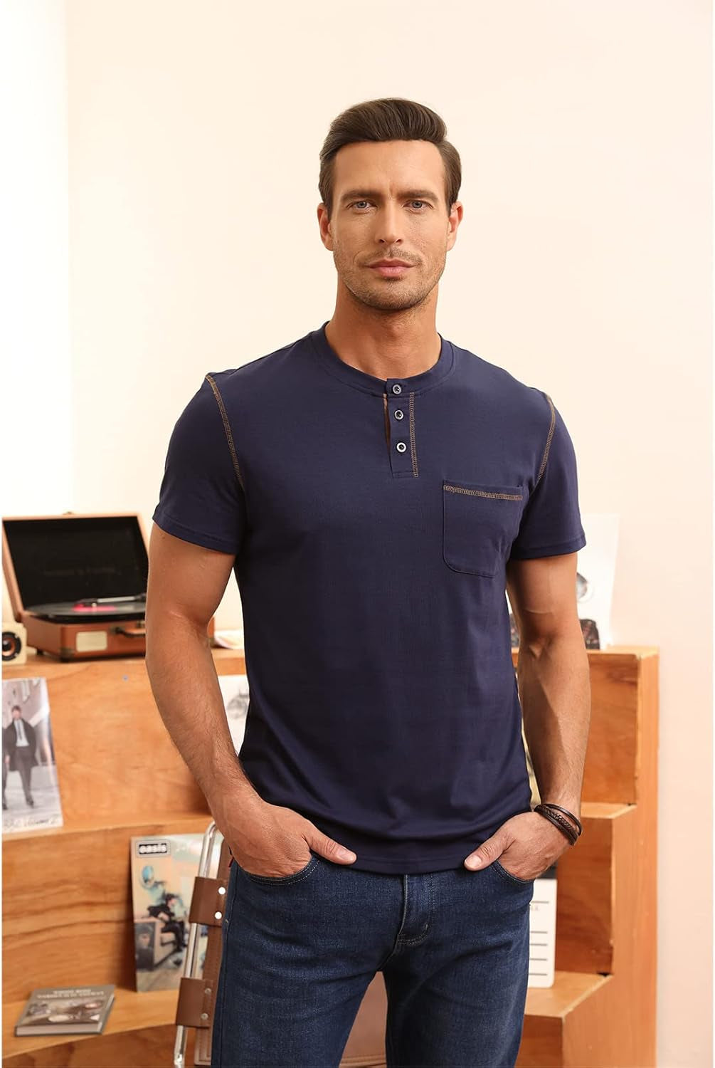 Men'S Henley Shirts Short Sleeve Casual Lightweight Slim Fit Basic Button T-Shirt with Pocket