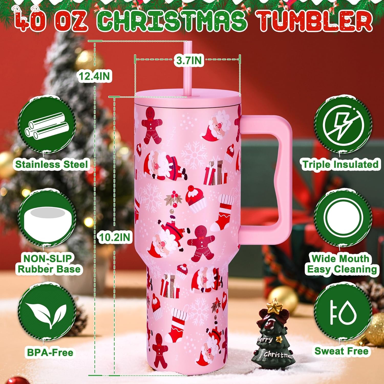 40 Oz Christmas Tumbler with Handle and Straw, Xmas Stainless Steel Insulated Travel Mug, Cup Holder Friendly, Christmas Holiday Gifts for Women Men Her Him, Pink Cute Sleepy Santa