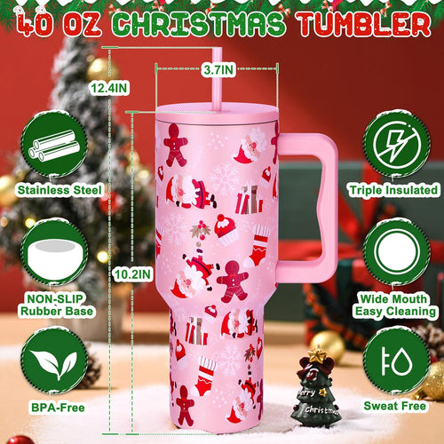 40 Oz Christmas Tumbler with Handle and Straw, Xmas Stainless Steel Insulated Travel Mug, Cup Holder Friendly, Christmas Holiday Gifts for Women Men Her Him, Pink Cute Sleepy Santa