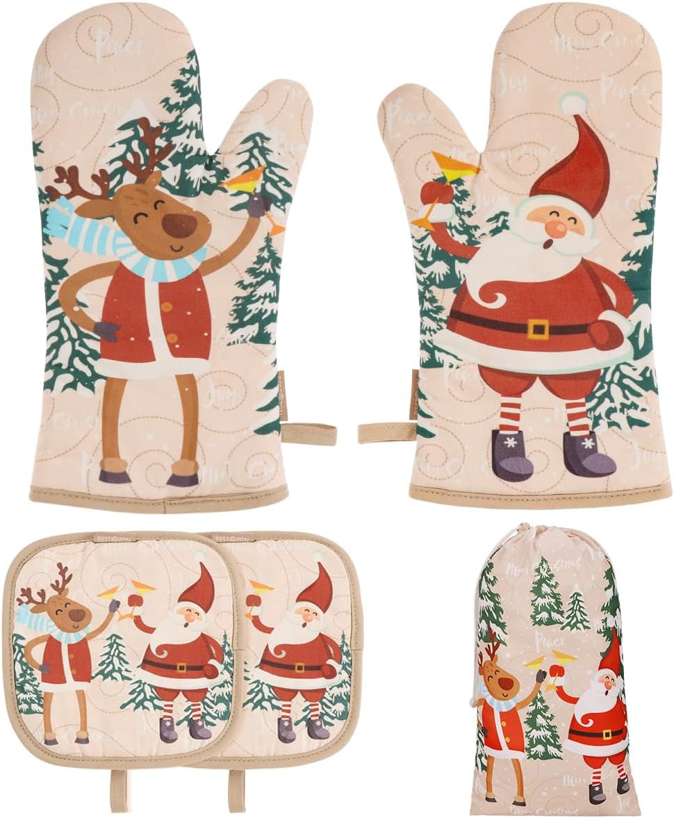 5Pcs Christmas Oven Mitts and Pot Holders Sets, Heat Resistant Oven Gloves, Christmas Kitchen Decor for Kitchen Cooking Baking Grill Baking BBQ and Accessories
