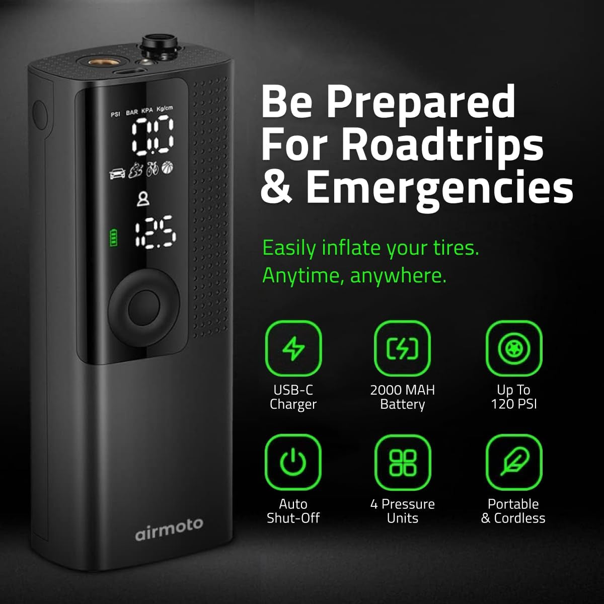 Tire Inflator Portable Air Compressor - Air Pump for Car Tires with Digital Pressure Gauge, LED Light and Auto Shut-Off Function - Cordless Pump for Car, Motorcycle, Bicycle, Ball