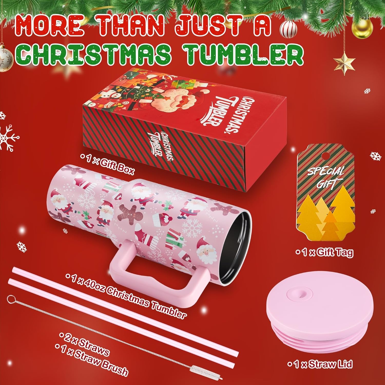 40 Oz Christmas Tumbler with Handle and Straw, Xmas Stainless Steel Insulated Travel Mug, Cup Holder Friendly, Christmas Holiday Gifts for Women Men Her Him, Pink Cute Sleepy Santa