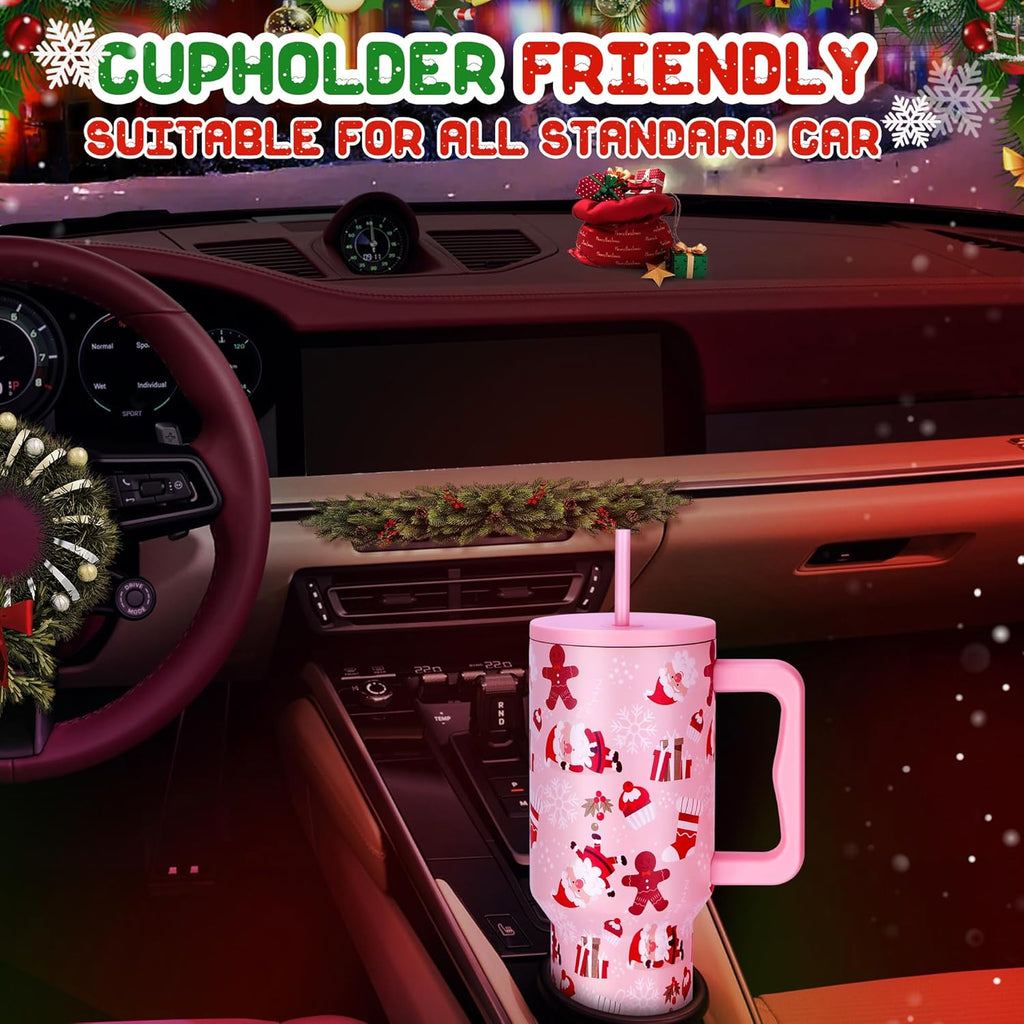 40 Oz Christmas Tumbler with Handle and Straw, Xmas Stainless Steel Insulated Travel Mug, Cup Holder Friendly, Christmas Holiday Gifts for Women Men Her Him, Pink Cute Sleepy Santa