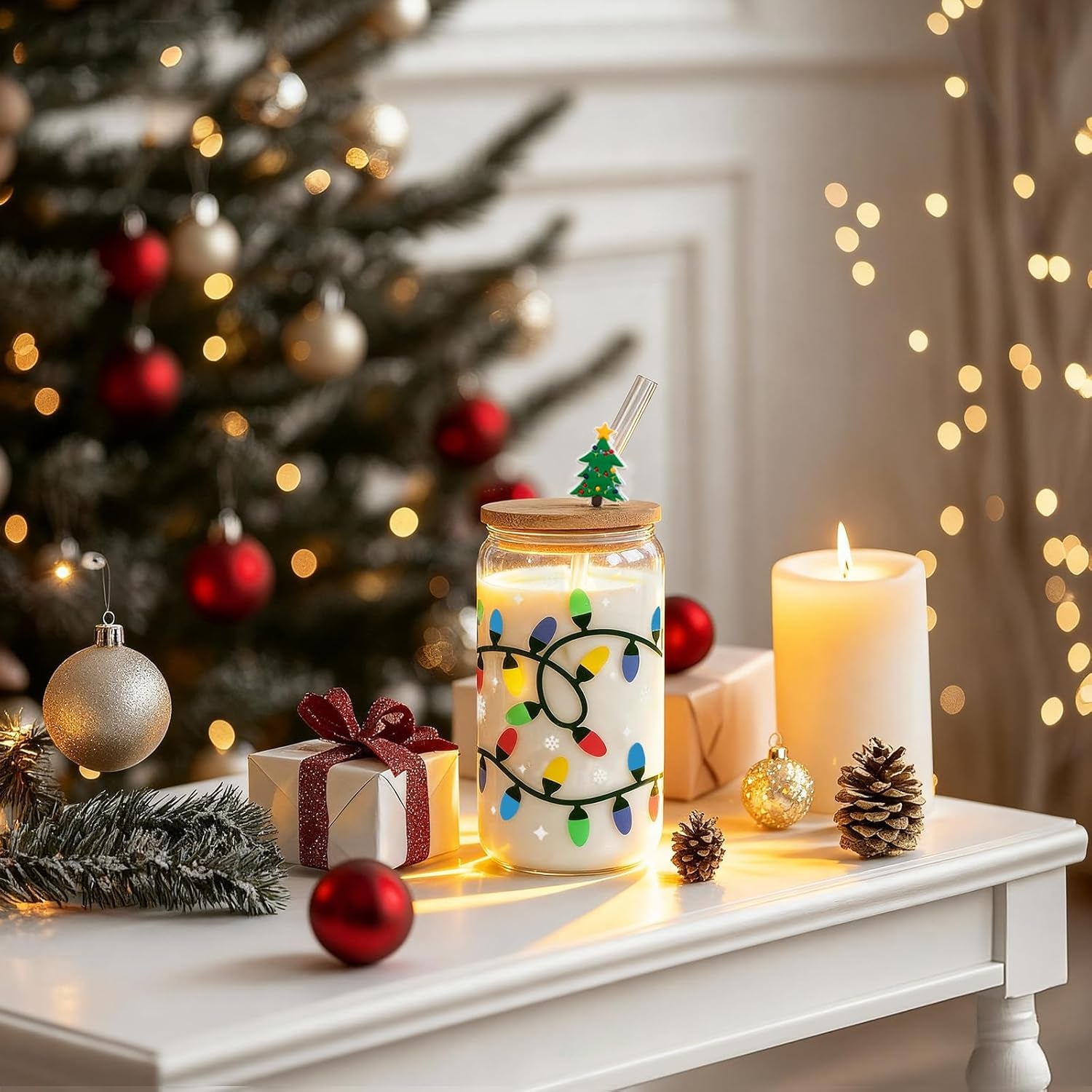 Christmas Gifts, 18Oz Color Changing Christmas Lights Iced Coffee Can Glass, X-Mas Glass Cup with Lid and Straw, Holiday Tumbler