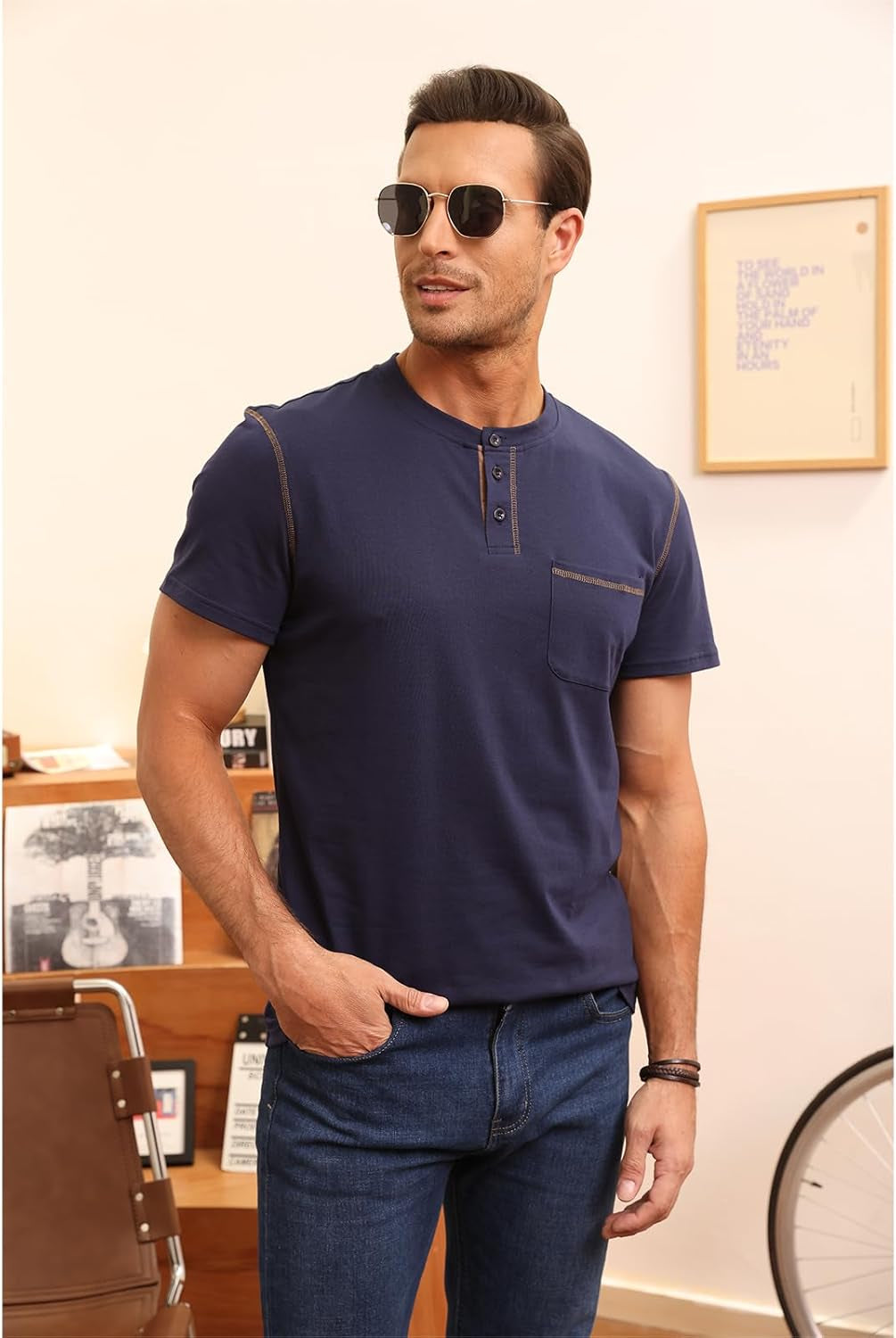 Men'S Henley Shirts Short Sleeve Casual Lightweight Slim Fit Basic Button T-Shirt with Pocket