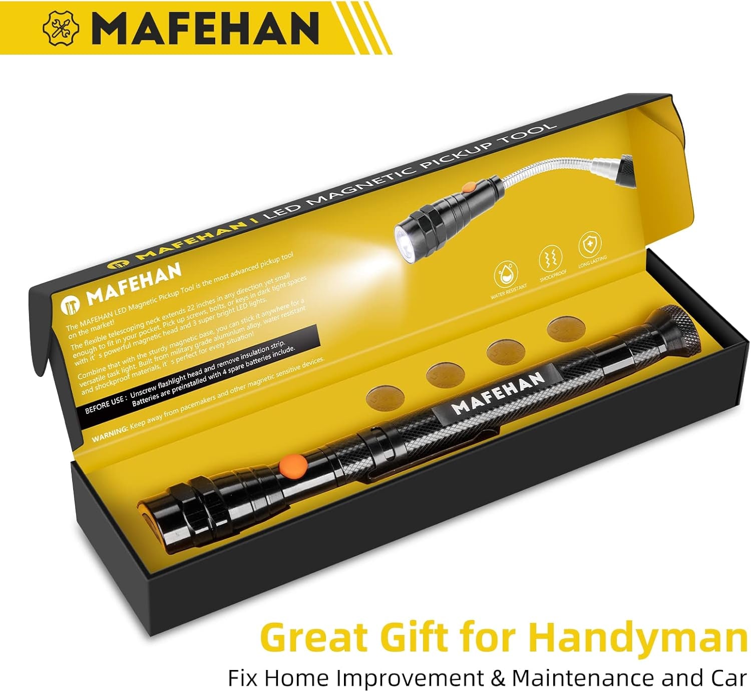 Telescoping Magnetic Pickup Tool with Extendable Flashlight, Unique Mens Gifts for Dad, Husband, Grandpa & Boyfriend – Christmas Gifts, Stocking Stuffers, White Elephant Gifts