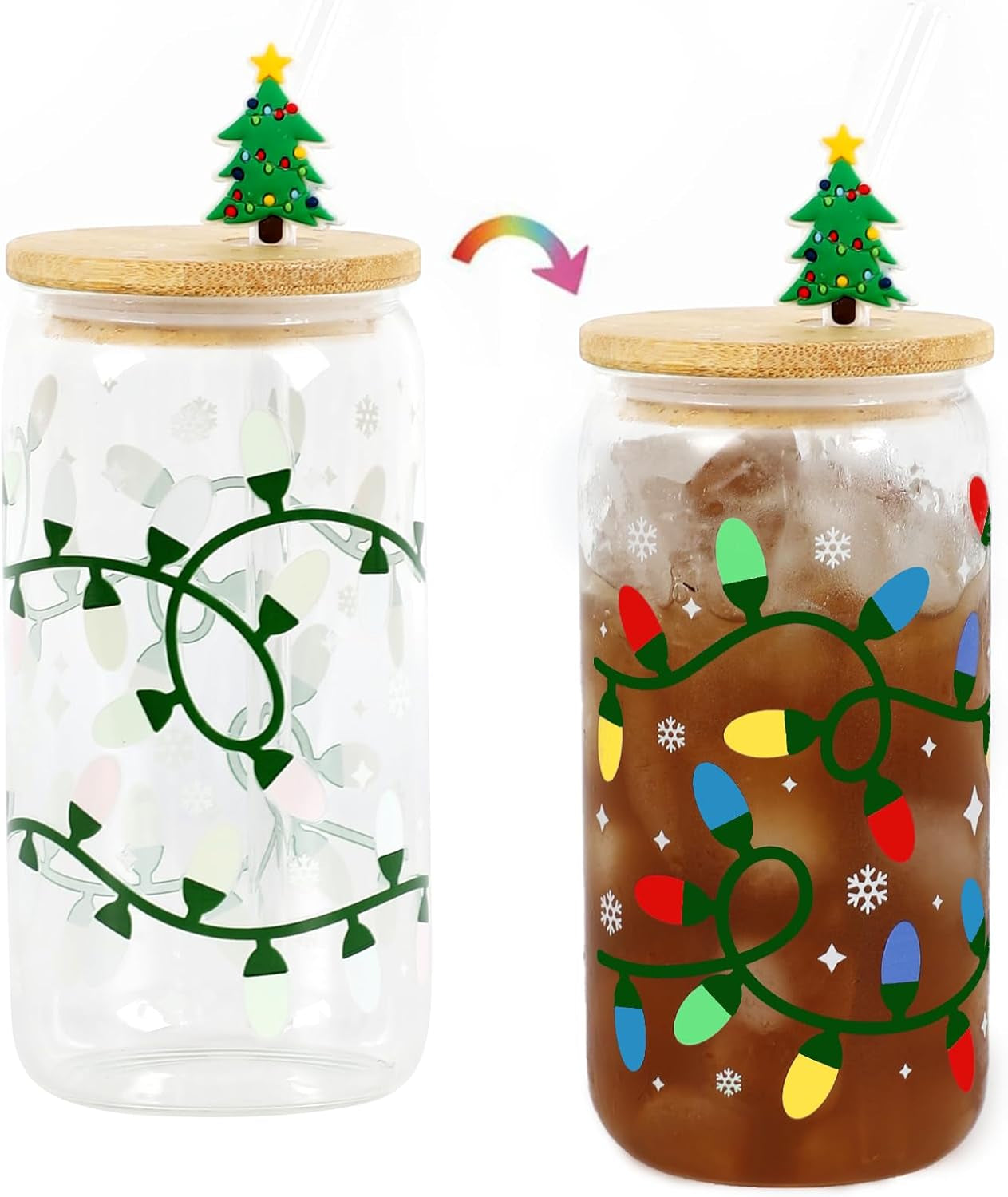 Christmas Gifts, 18Oz Color Changing Christmas Lights Iced Coffee Can Glass, X-Mas Glass Cup with Lid and Straw, Holiday Tumbler