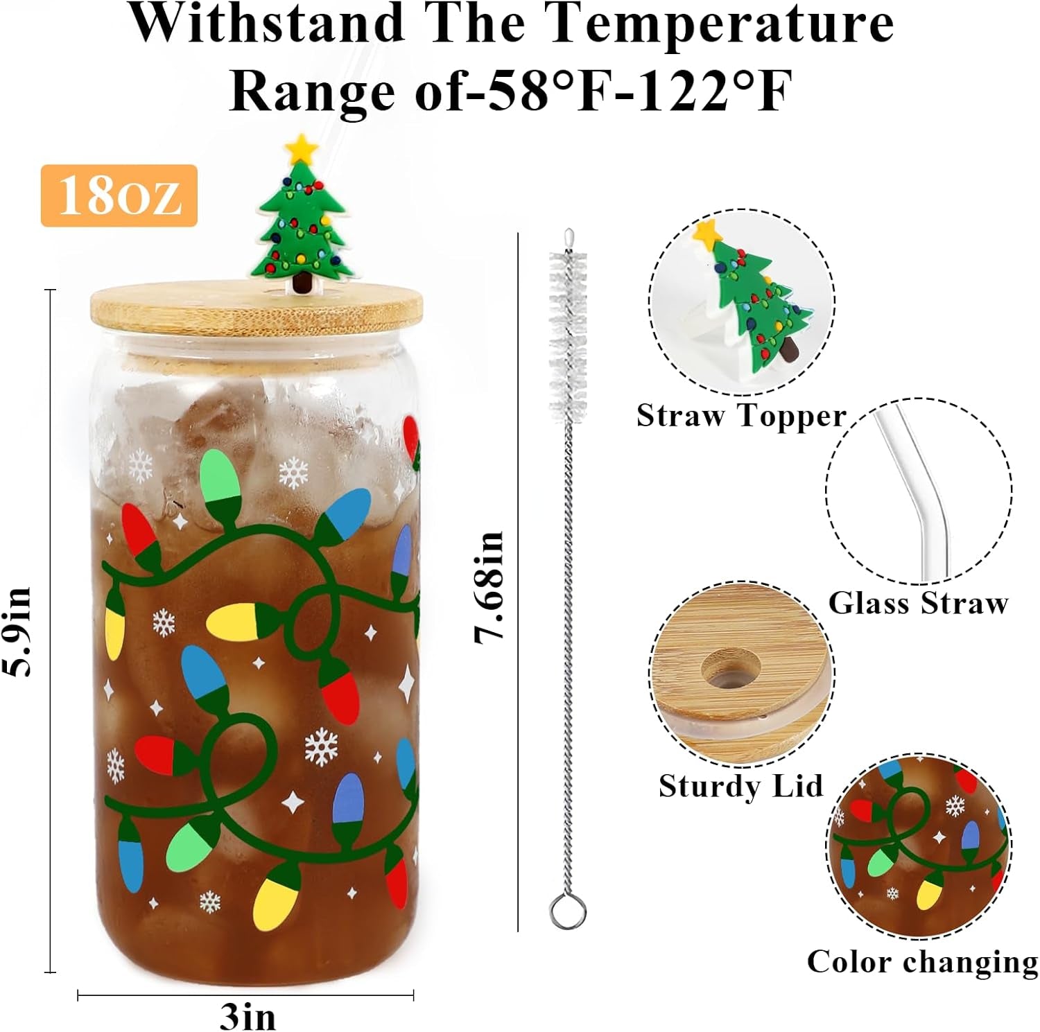 Christmas Gifts, 18Oz Color Changing Christmas Lights Iced Coffee Can Glass, X-Mas Glass Cup with Lid and Straw, Holiday Tumbler