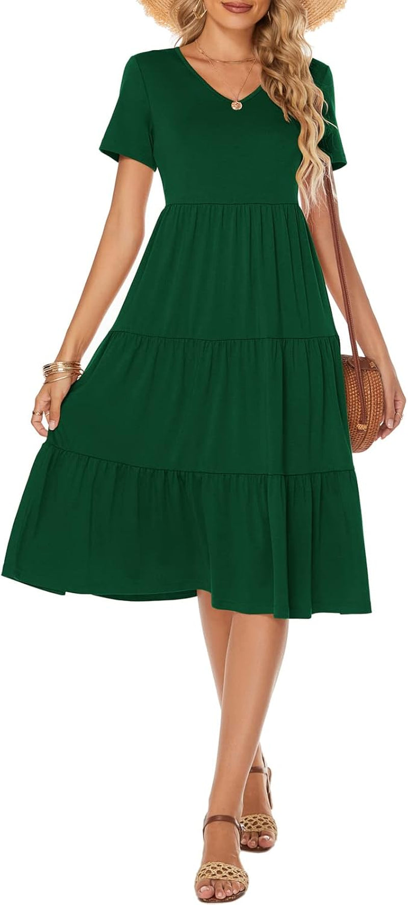 Women'S Casual Summer Tiered Midi Dress 2025 Short Sleeve V-Neck Loose Cotton Ruffle Babydoll Dress Boho Sundress