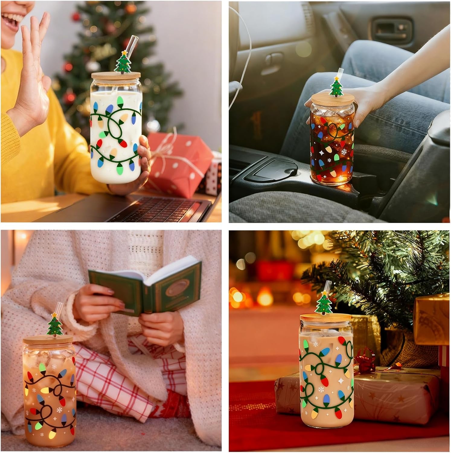 Christmas Gifts, 18Oz Color Changing Christmas Lights Iced Coffee Can Glass, X-Mas Glass Cup with Lid and Straw, Holiday Tumbler