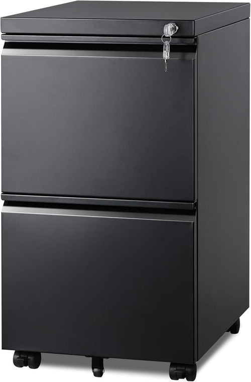 2 Drawer Metal File Cabinet, Fully Assembled, under Desk, Black, Lock, Fits Letter/Legal/A4 Size Files