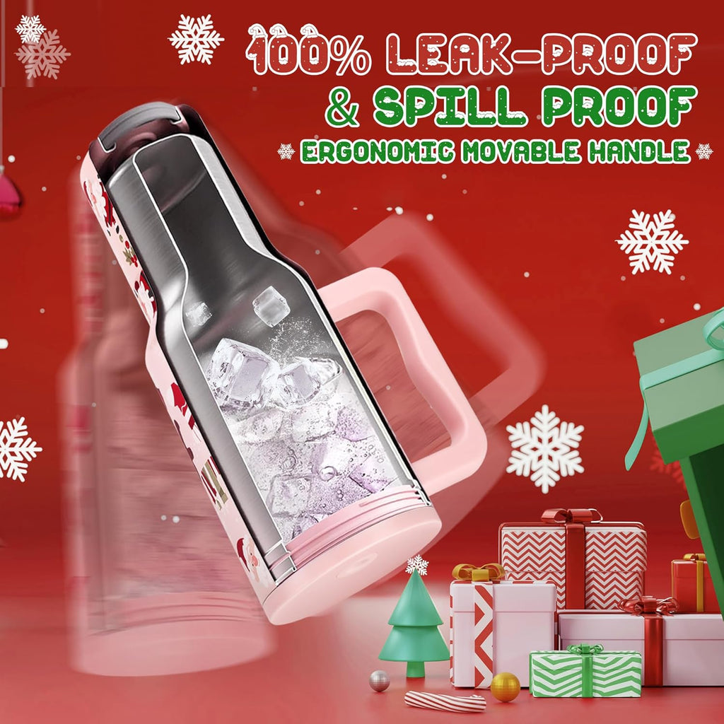 40 Oz Christmas Tumbler with Handle and Straw, Xmas Stainless Steel Insulated Travel Mug, Cup Holder Friendly, Christmas Holiday Gifts for Women Men Her Him, Pink Cute Sleepy Santa