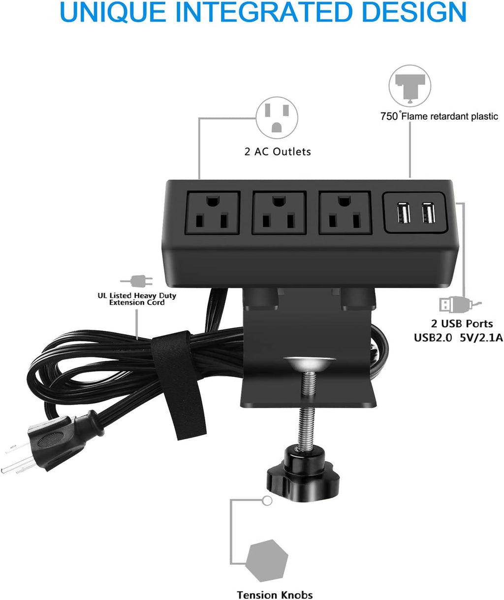 3 Outlet Desk Clamp Power Strip with USB Ports, Desktop Power Strip Surge Protector 1200J. Table Mount Charging Power Station, on Edge Power Outlet 125V 12A 1500W.