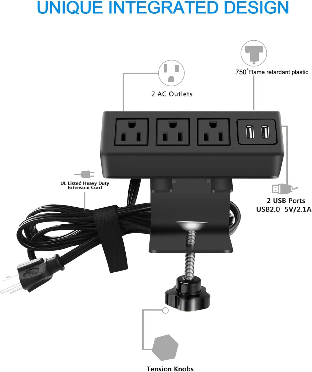 3 Outlet Desk Clamp Power Strip with USB Ports, Desktop Power Strip Surge Protector 1200J. Table Mount Charging Power Station, on Edge Power Outlet 125V 12A 1500W.