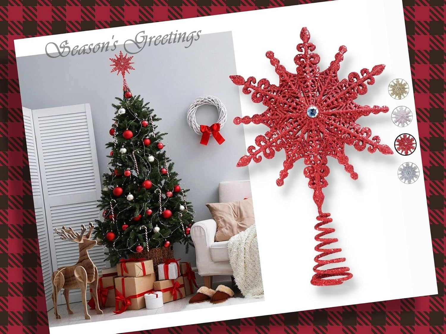 8 Inch Red Glittered Filigree Christmas Star Tree Topper Star/Home Décor Ornaments (Red)