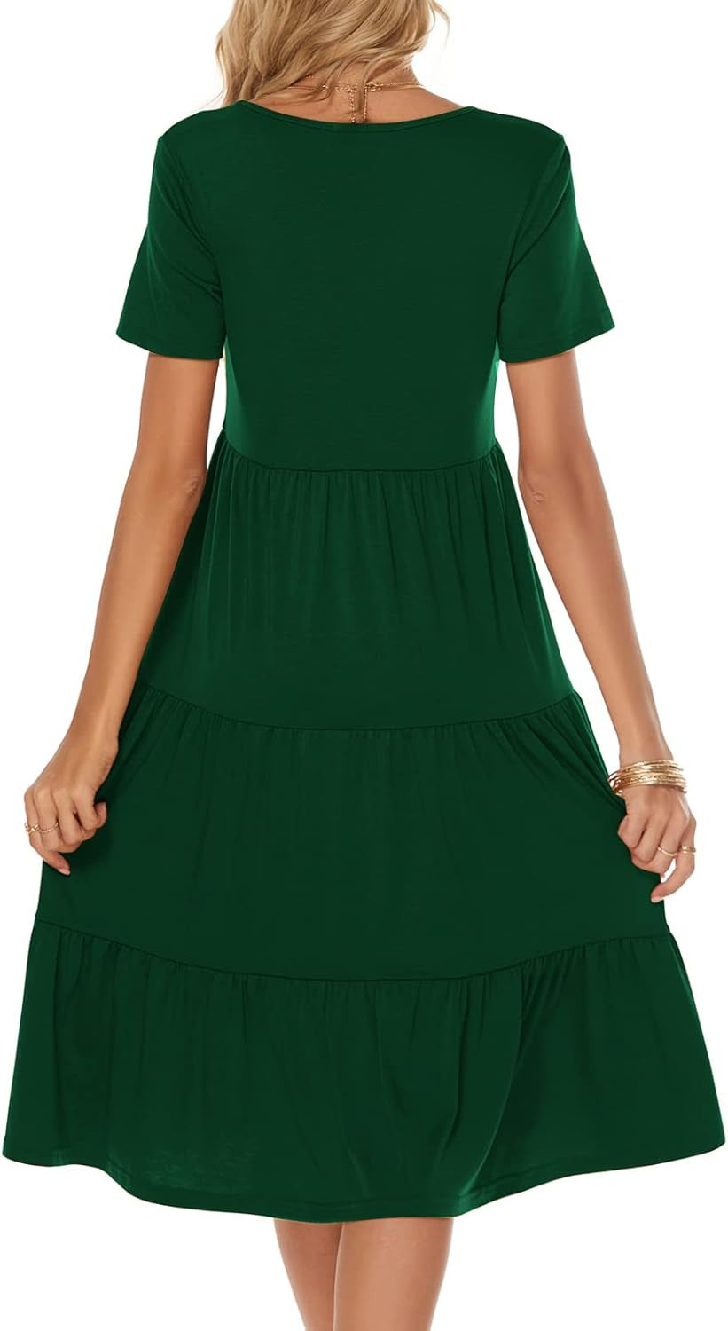 Women'S Casual Summer Tiered Midi Dress 2025 Short Sleeve V-Neck Loose Cotton Ruffle Babydoll Dress Boho Sundress