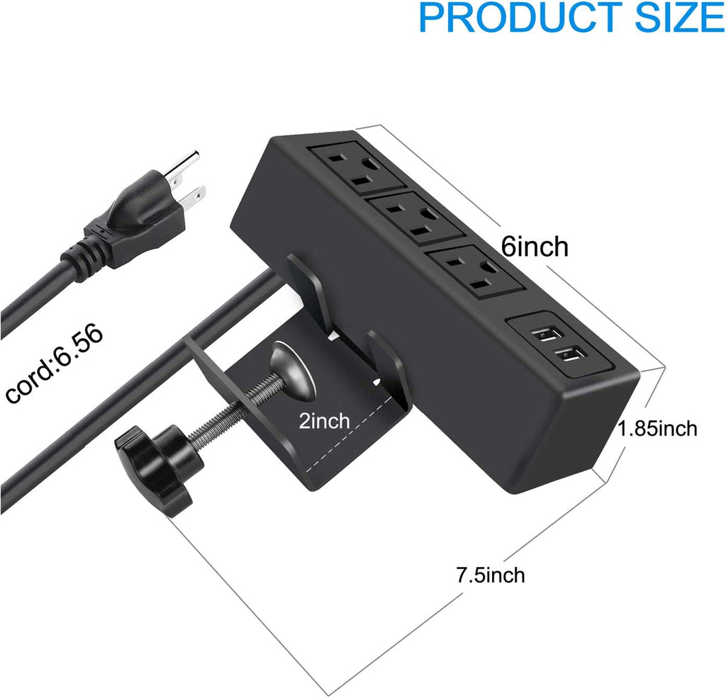 3 Outlet Desk Clamp Power Strip with USB Ports, Desktop Power Strip Surge Protector 1200J. Table Mount Charging Power Station, on Edge Power Outlet 125V 12A 1500W.