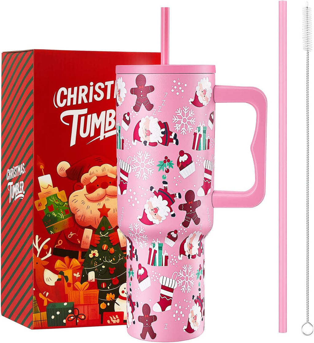 40 Oz Christmas Tumbler with Handle and Straw, Xmas Stainless Steel Insulated Travel Mug, Cup Holder Friendly, Christmas Holiday Gifts for Women Men Her Him, Pink Cute Sleepy Santa