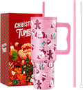 40 Oz Christmas Tumbler with Handle and Straw, Xmas Stainless Steel Insulated Travel Mug, Cup Holder Friendly, Christmas Holiday Gifts for Women Men Her Him, Pink Cute Sleepy Santa
